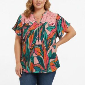 New Rio & Rian‎ Blouse size 2X Colorful Pleated Lace Detail Tie Front Feminine